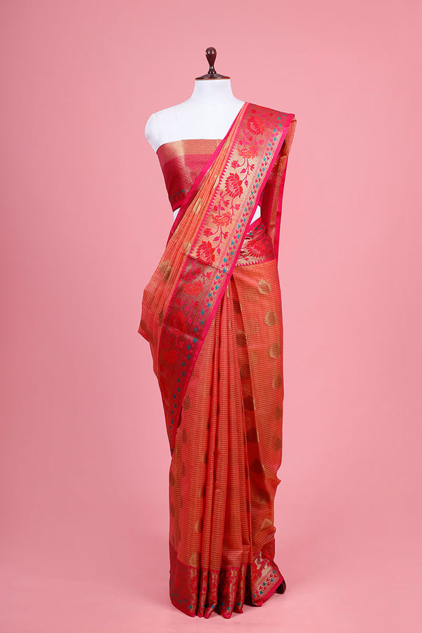 Peach Paithani Woven Banarasi Cotton Saree By Chinaya Banaras