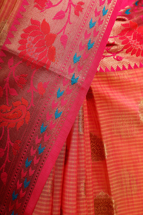 Coral Peach Paithani Woven Banarasi Cotton Saree