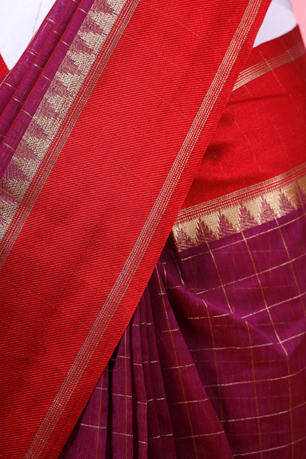 Tyrian Purple Checkered Woven Banarasi Cotton Saree