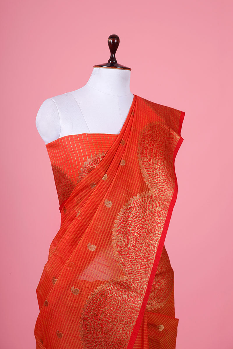 Orange Red Ethnic Woven Banarasi Cotton Saree