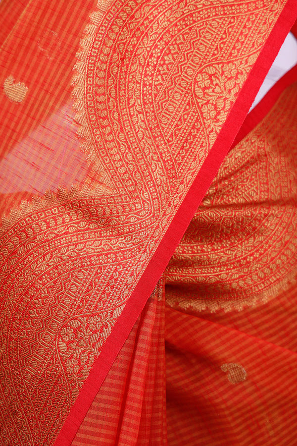 Orange Red Ethnic Woven Banarasi Cotton Saree