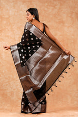 Midnight Black Woven Banarasi Cotton Saree