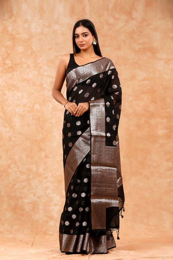 Black Woven Banarasi Cotton Saree By Chinaya Banaras