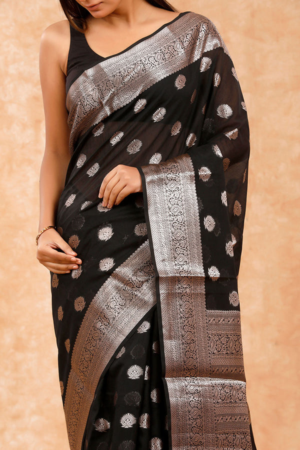 Midnight Black Woven Banarasi Cotton Saree