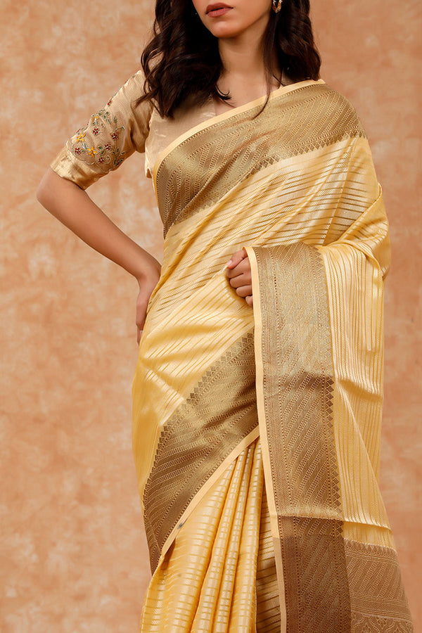 Lime Yellow Striped Cotton Banarasi Saree