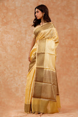 Lime Yellow Striped Woven Banarasi Cotton Saree
