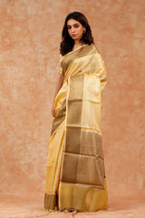 Lime Yellow Striped Woven Banarasi Cotton Saree