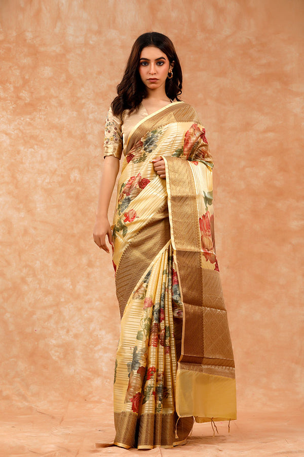 Yellow Floral Printed Woven Banarasi Cotton Saree By Chinaya Banaras