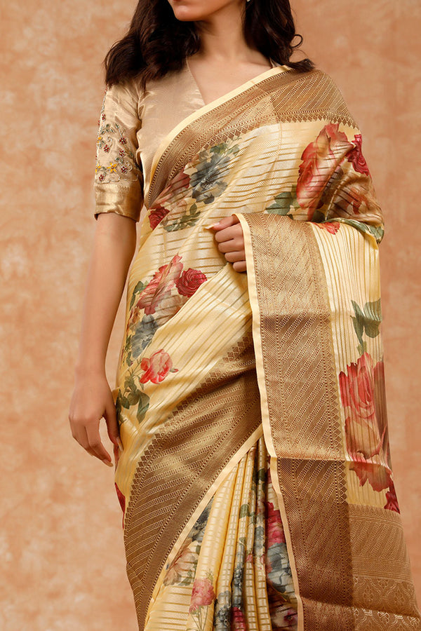 Creme Yellow Floral Printed Cotton Banarasi Saree