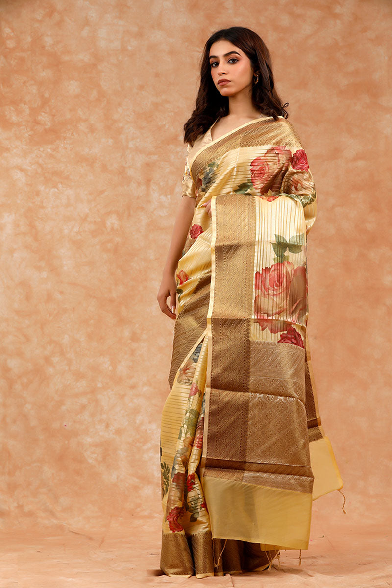 Creme Yellow Floral Printed Woven Banarasi Cotton Saree