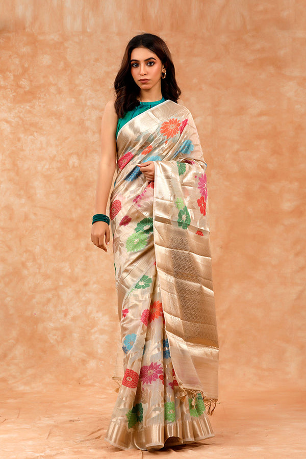 White Banarasi Cotton Saree By Chinaya Banaras