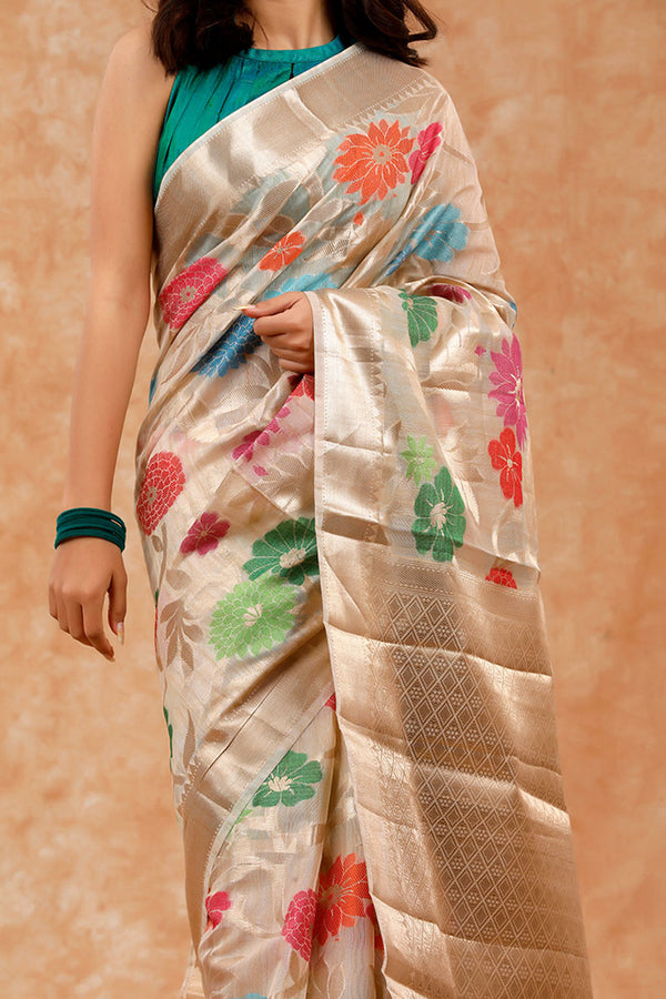 Off White Floral Jaal Woven Banarasi Cotton Saree