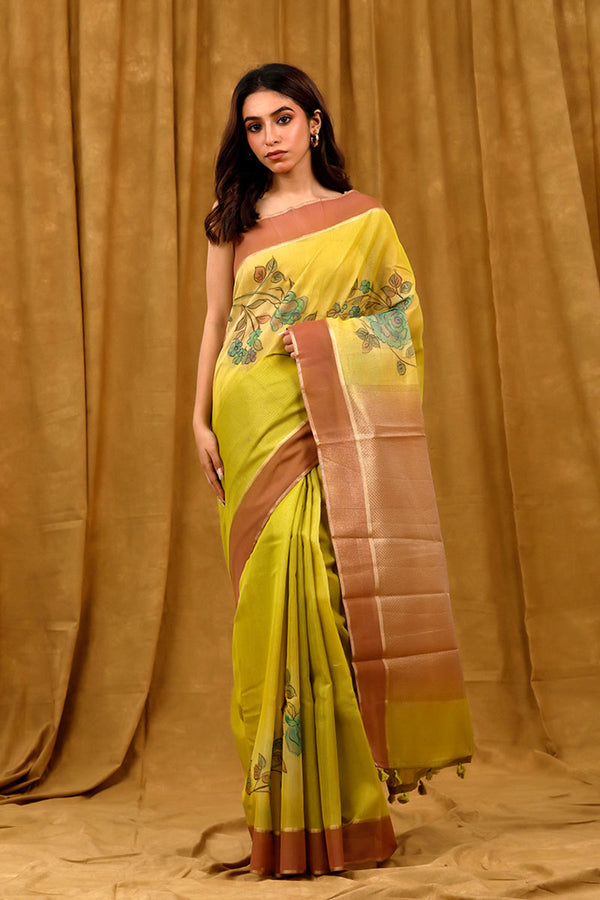 Green Handpainted Banarasi Cotton Saree By Chinaya Banaras