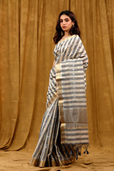 Grey & White Striped Woven Banarasi Cotton Saree