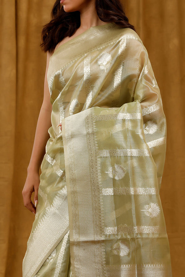 Mettalic Green Striped Woven Banarasi Cotton  Saree
