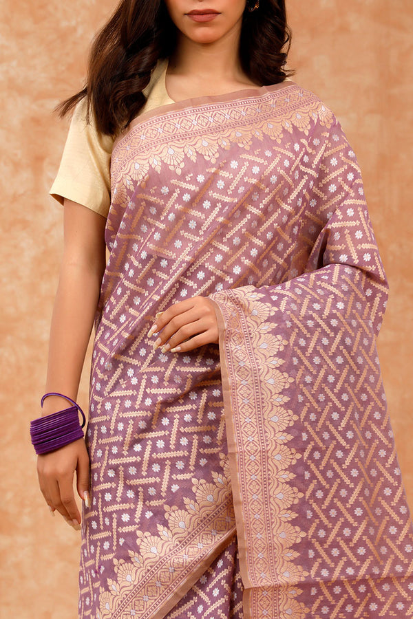 Mauve Geometrical Cotton Banarasi Saree