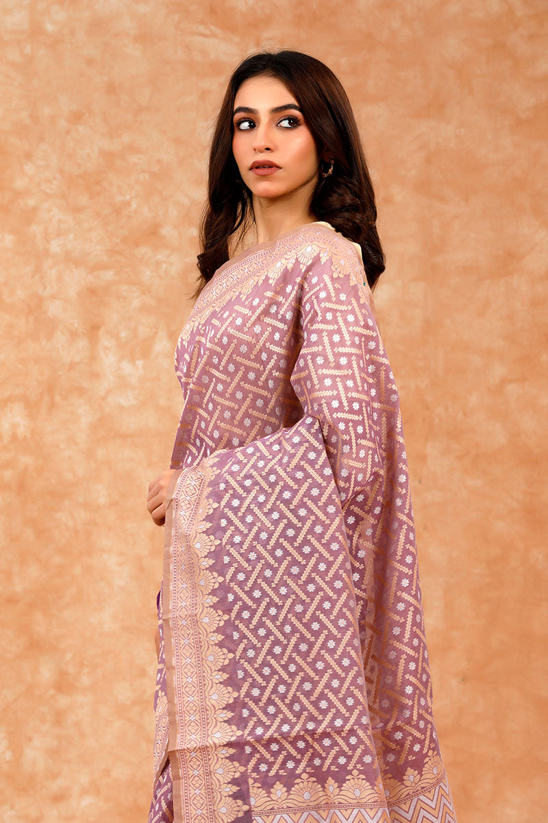 Mauve Geometrical Cotton Banarasi Saree