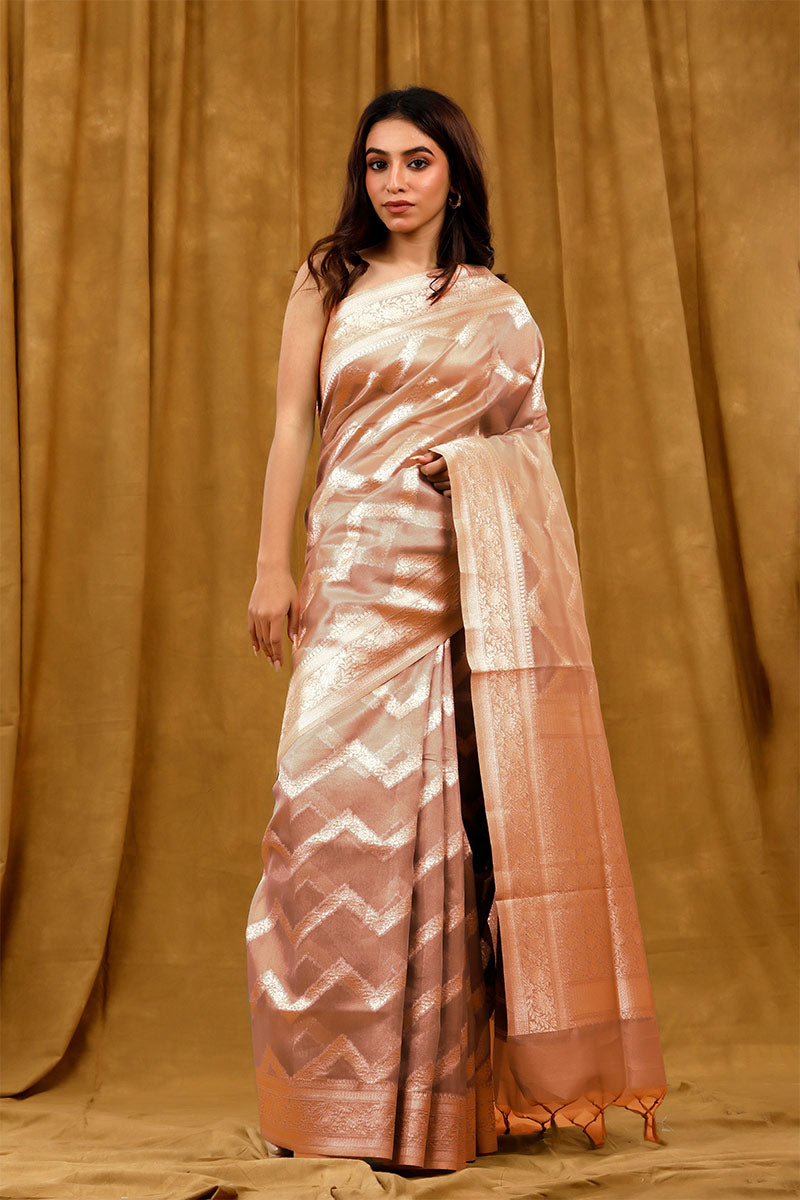 Cotton saree, silk cotton saree, Handloom Cotton Saree, Banarasi Cotton Saree, Peach Saree, cotton Banarasi saree
