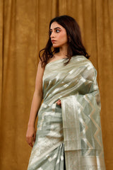 Sea Green Striped Woven Banarasi Cotton Saree