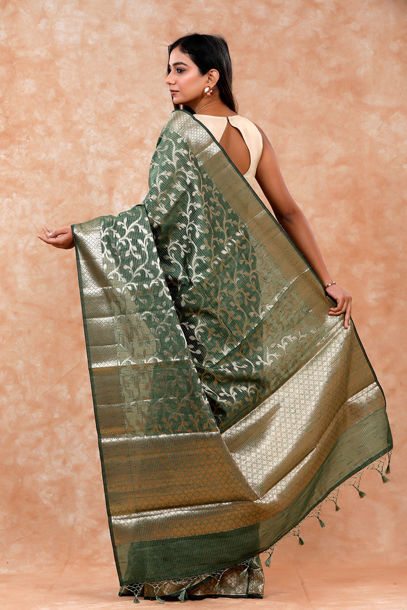 Bottle Green Ethnic Woven Banarasi Cotton Saree