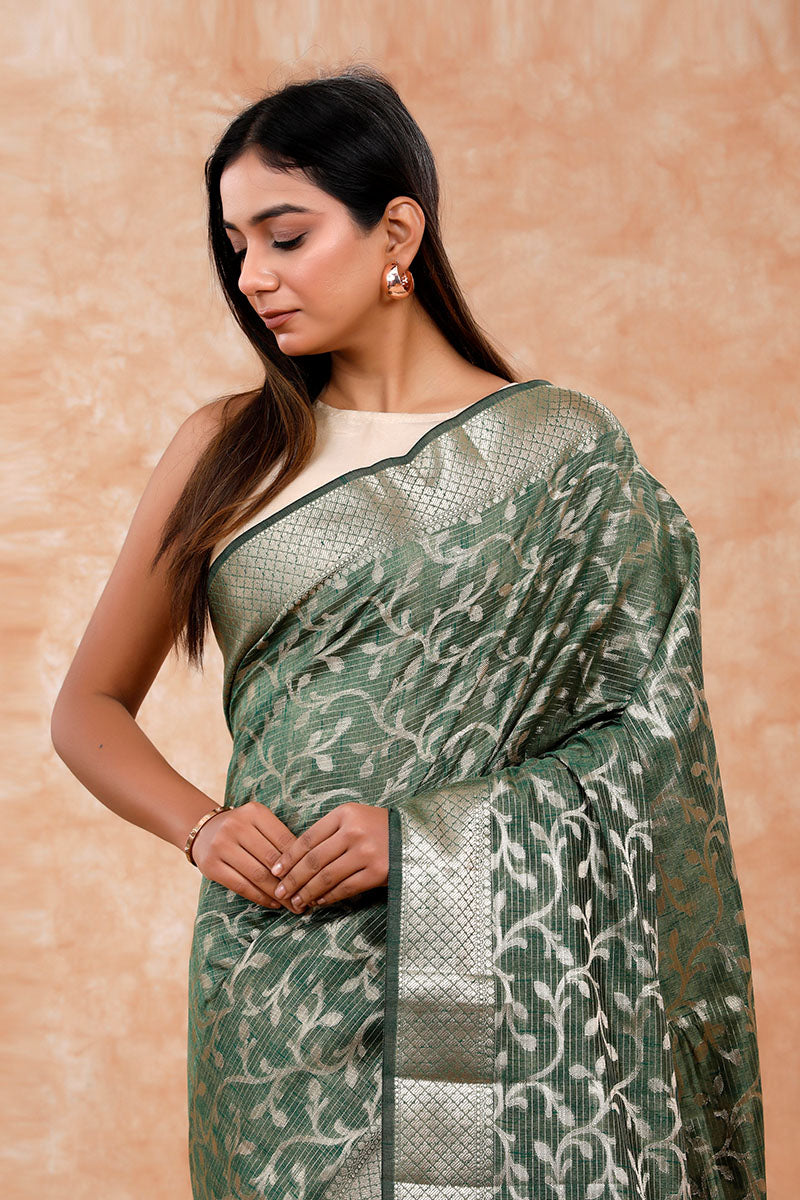 Bottle Green Ethnic Woven Banarasi Cotton Saree