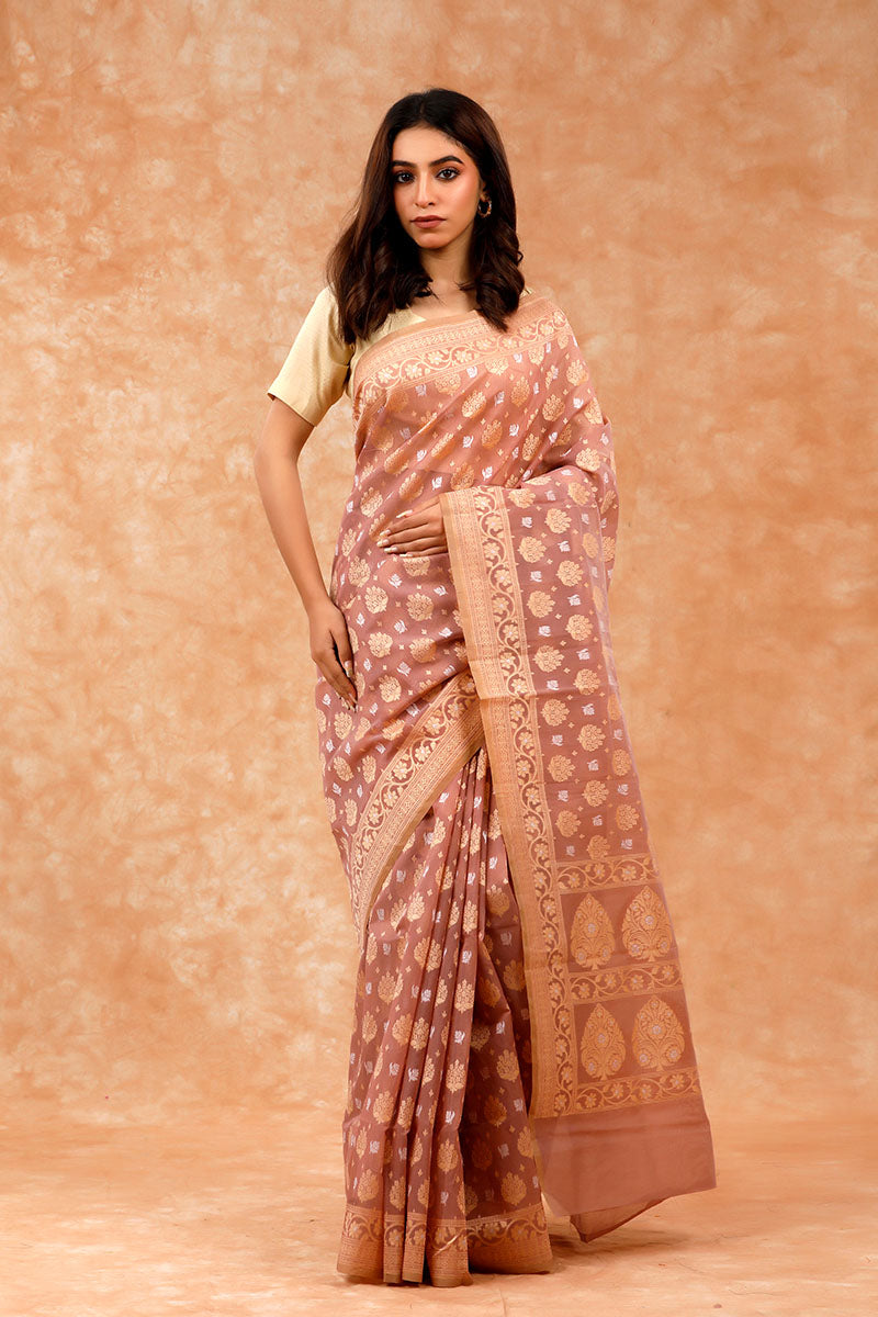 Brown Banarasi Cotton Saree By Chinaya Banaras