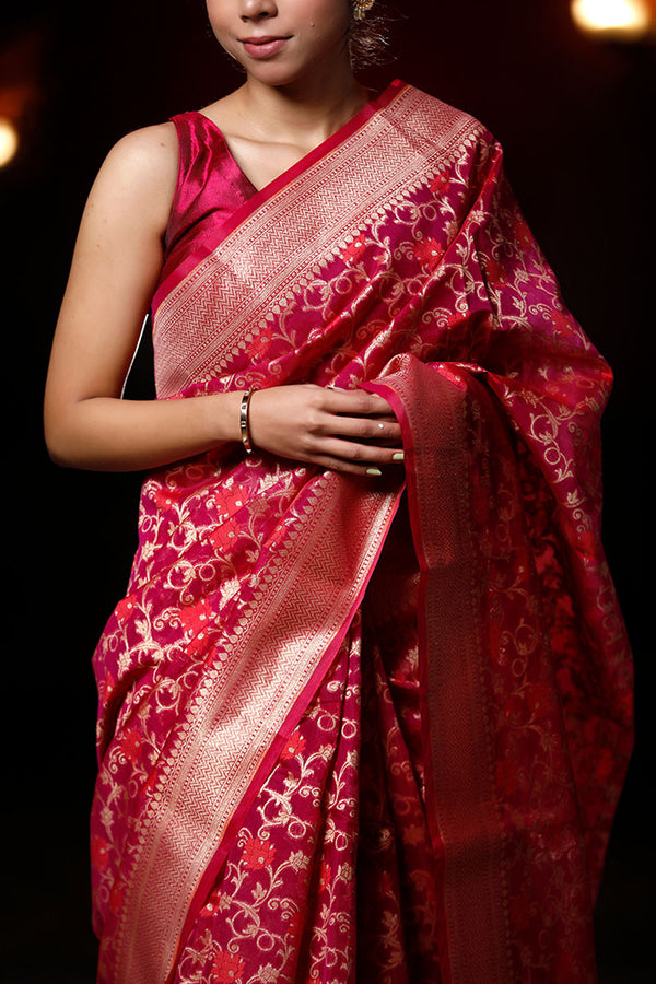 Raspberry Pink Woven Banarasi Cotton Saree