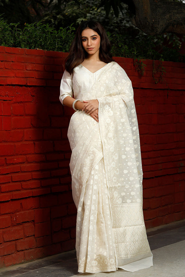 White Woven Banarasi Cotton Saree By Chinaya Banaras
