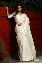 Snowy White Woven Banarasi Cotton Saree