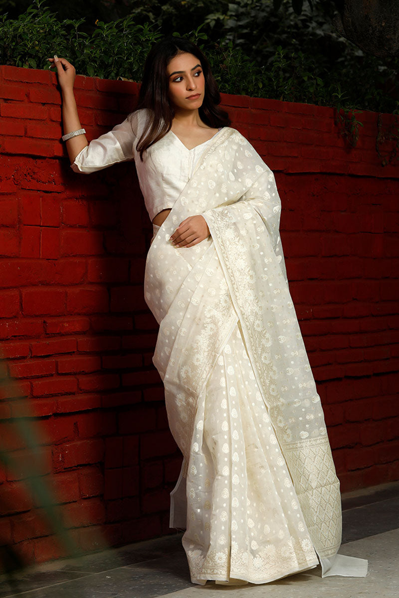 Snowy White Cotton Banarasi Saree - Main Image