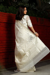 Snowy White Woven Banarasi Cotton Saree