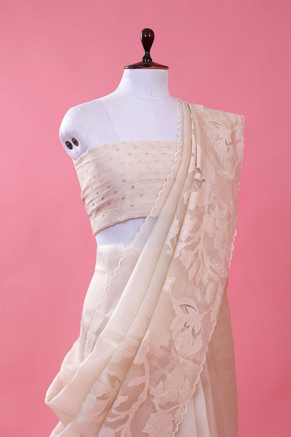 Off White Applique Organza Silk Saree - Chinaya Banaras