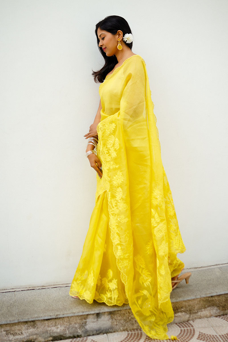 Sunitha Scharma In Pastel Yellow Embellished Organza Silk Saree - Chinaya Banaras