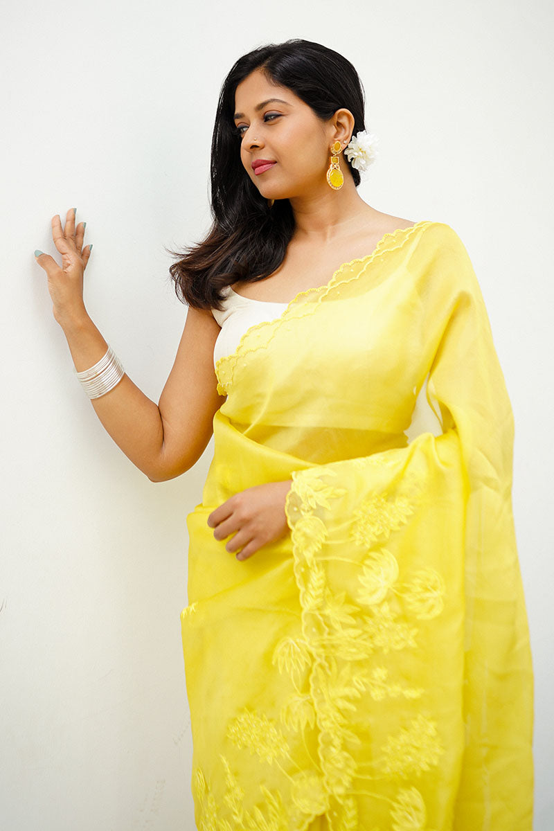 Sunitha Scharma In Pastel Yellow Embellished Organza Silk Saree - Chinaya Banaras