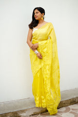 Sunitha Scharma In Pastel Yellow Embellished Organza Silk Saree - Chinaya Banaras