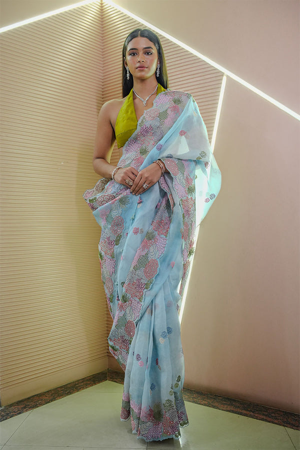 Women In Blue Embroidered Organza Silk Saree At Chinaya Banaras