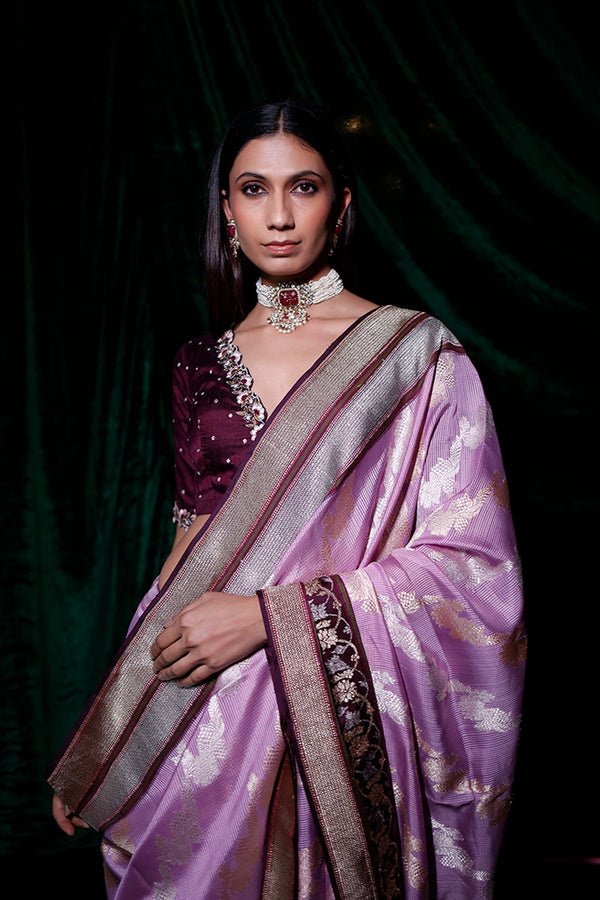 Lavender Sonarupa Kadhwa Woven Handloom Organza Silk Saree - Chinaya Banaras