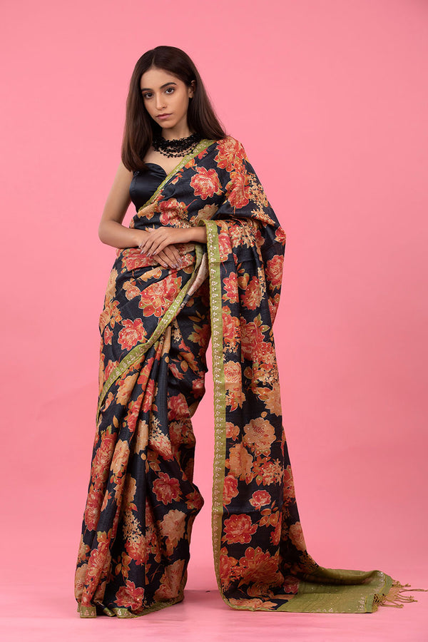 Women In Black Floral Printed Embellished Tussar Silk Saree At Chinaya Banaras