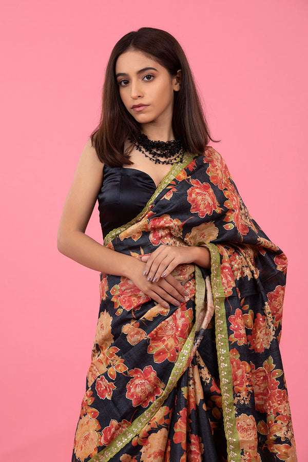Black Floral Printed Embellished Tussar Silk Saree - Chinaya Banaras