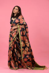 Black Floral Printed Embellished Tussar Silk Saree - Chinaya Banaras