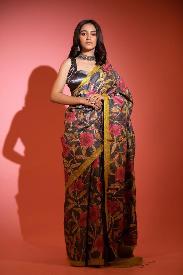 Women In Grey Floral Printed Embellished Tussar Silk Saree At Chinaya Banaras