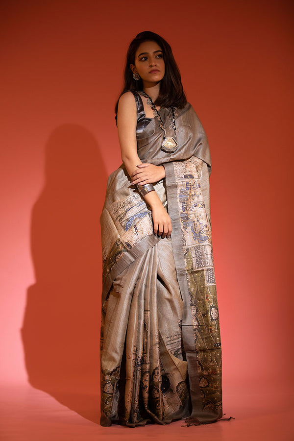 Women In Grey Embellished Tussar Silk Saree At Chinaya Banaras