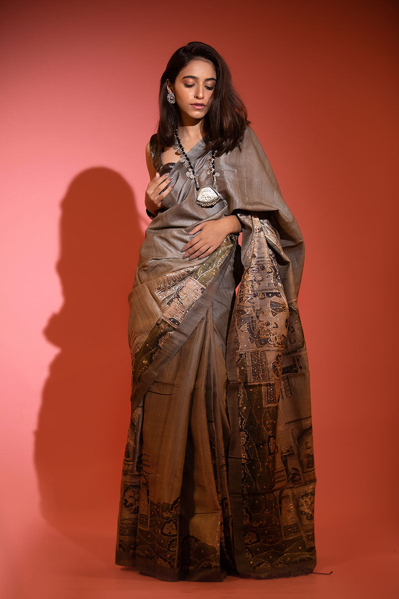 Grey Embellished Tussar Silk Saree - Chinaya Banaras