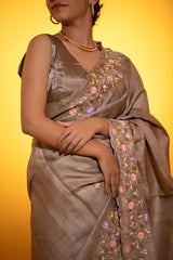 Ash Grey Embellished Tussar Silk saree