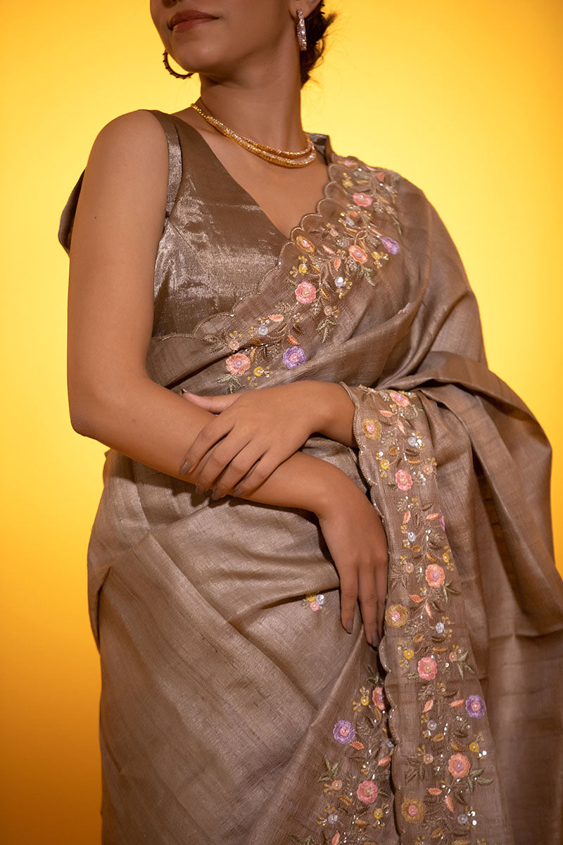Ash Grey Embellished Tussar Silk saree - Chinaya Banaras