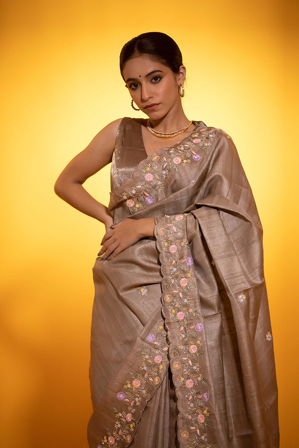 Ash Grey Embellished Tussar Silk saree - Chinaya Banaras