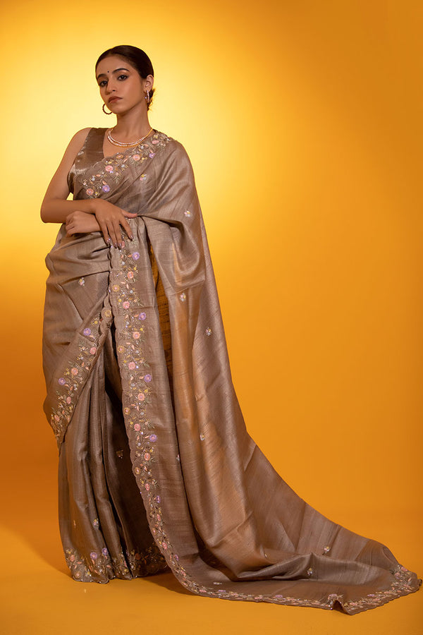 Women In Ash Grey Embellished Tussar Silk Saree At Chinaya Banaras