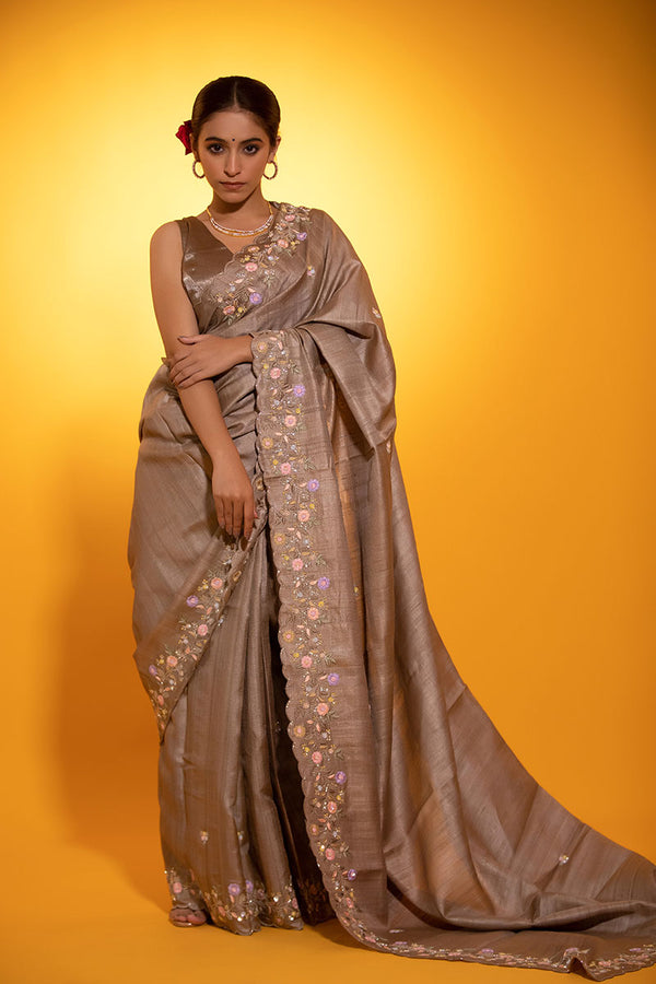 Ash Grey Embellished Tussar Silk saree - Chinaya Banaras