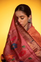 Coral Red Paithani Woven Tussar Silk Saree - Chinaya Banaras