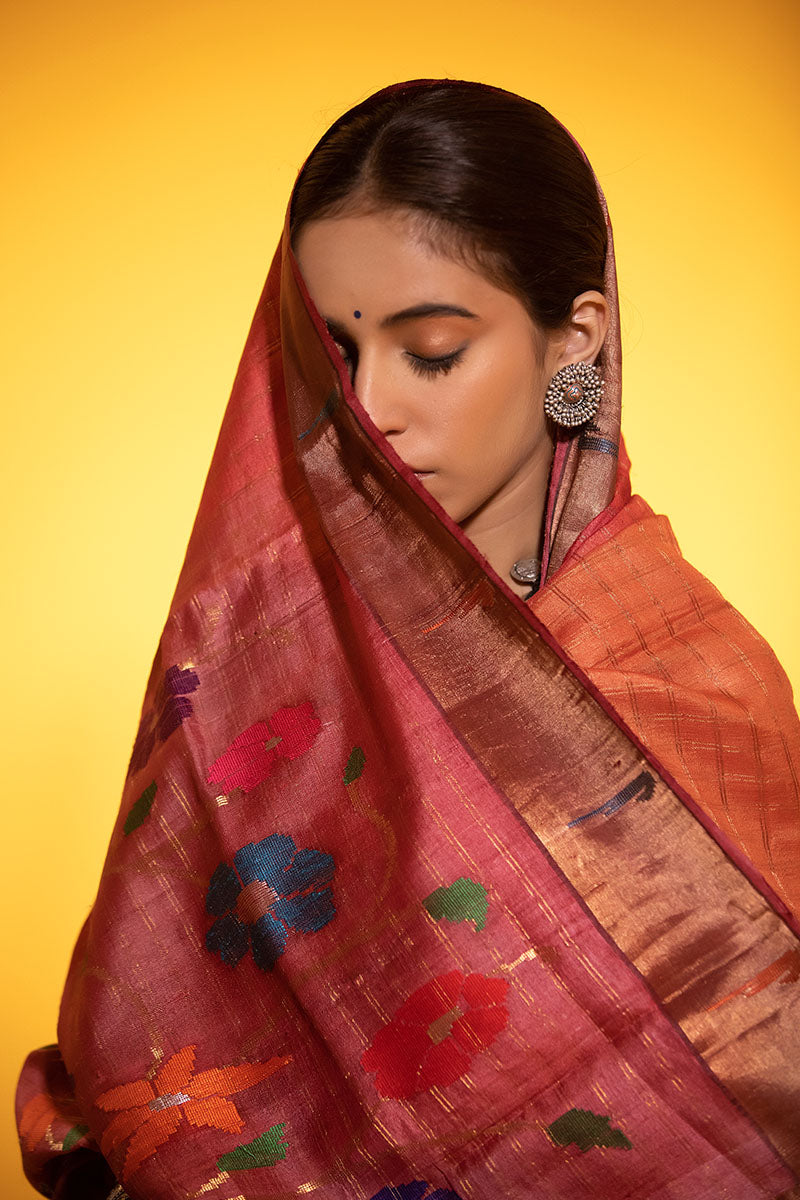 Coral Red Paithani Woven Tussar Silk Saree - Chinaya Banaras